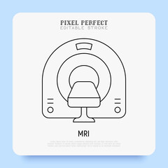 MRI scanner thin line icon. Medical equipment for oncology detection. Pixel perfect, editable stroke. Vector illustration.