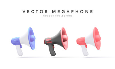 Set of 3d plastic megaphones with shadow isolated on white background. Vector illustration