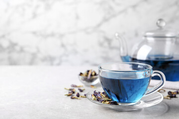 Obraz na płótnie Canvas Glass cup of organic blue Anchan on light table, space for text. Herbal tea