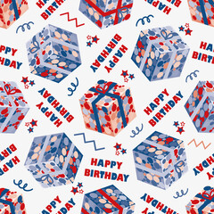 Obraz premium Happy Birthday greeting and gift box 3d effect seamless vector pattern background.Backdrop with confetti decorated presents, celebration typography and group of stars.Red blue white repeat for party