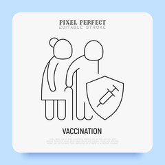Coronavirus vaccination. Virus protection: elderly woman and elderly man are protected by shield with vaccine. Immune system. Thin line icon. Pixel perfect, editable stroke. Vector illustration.