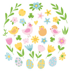 Easter spring set of cute birds, chickens, Easter eggs, flowers, grass, buds. Hand drawn flat cartoon elements. Vector illustration.