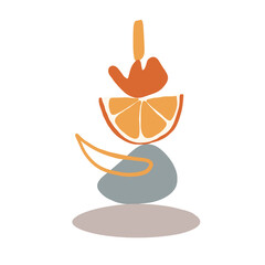 Modern abstract illustration with composition of grey, blue, orange, yellow shapes and scile of orange fruit