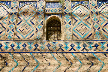 Wall of Madrasa in Registan, decorated with ancient Samarkand blue tile patterns