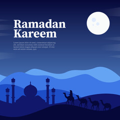 Ramadan Kareem greeting with Camels Riding in the Desert Sand Going to mosque