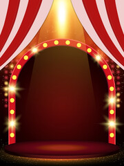 Background with red curtain and arch banner. Design for presentation, concert, show