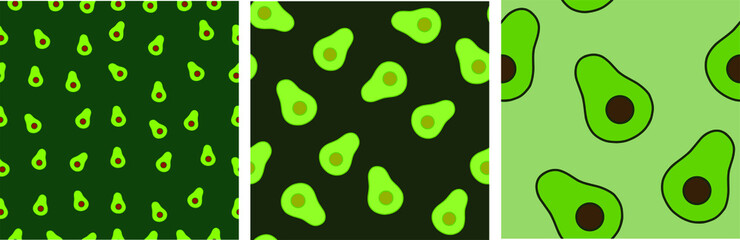 set of 3 Avocado seamless pattern for printing, fabric and packaging of organic, vegan, raw foods. Texture for eco and healthy food