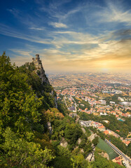 panoramic scenic view of the republic of San Marino at sunset