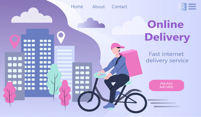 vector flat illustration, banner for the website, app on the theme of fast delivery. courier rides a bicycle with a large box on the background of the city. the inscription 