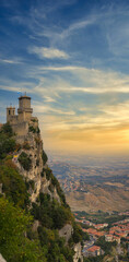 Fototapeta na wymiar panoramic scenic view of the republic of San Marino at sunset