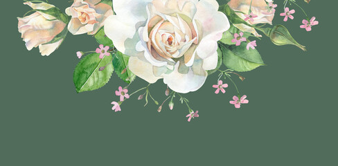 Watercolor composition of roses and small flowers. For congratulations, anniversary, birthday, wedding, invitations