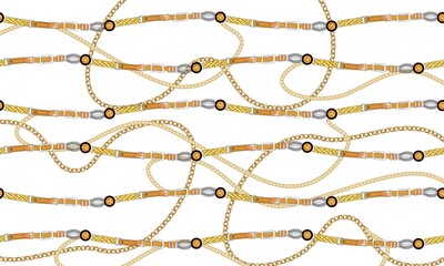 Scarf pattern, gold chain, belts design