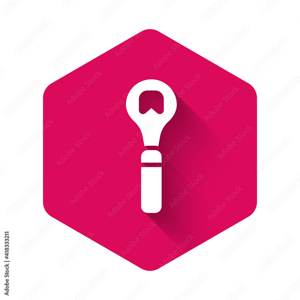 Poster white bottle opener icon isolated with long shadow background. pink hexagon button. vector.