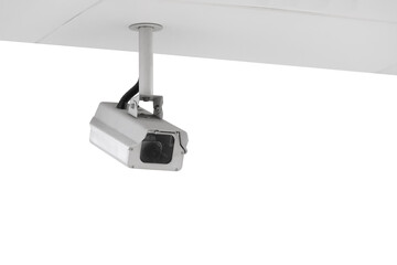 Modern public CCTV camera isolated on white background. Intelligent recording cameras for monitoring all day and night. Concept of surveillance and monitoring with clipping path copy space.