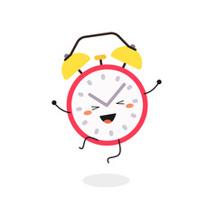 Cute happy cartoon alarm clock happy jumping