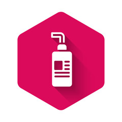 White Cream or lotion cosmetic tube icon isolated with long shadow background. Body care products for woman. Pink hexagon button. Vector.