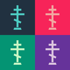 Obraz premium Pop art Christian cross icon isolated on color background. Church cross. Vector.