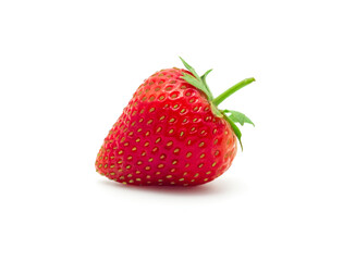 Fresh red ripe strawberry with leaf isolated on white background.