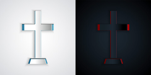 Obraz premium Paper cut Christian cross icon isolated on grey and black background. Church cross. Paper art style. Vector.