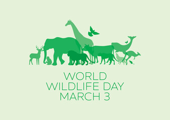 World Wildlife Day Poster with green silhouettes of wild animals icon vector. Wild animals silhouette set. Environmental icon vector. Group of animals icon. Wildlife Day Poster, March 3. Important day