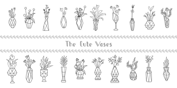 Big set of cute vases with garden blooming flowers. All elements are hand-drawn. Flat cartoon illustration. Vector illustration. The bouquets with different plants on white background.