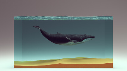 Humpback Whale in a Water Block and Sandy Seabed 3d illustration render