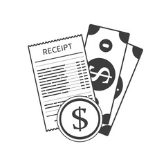Receipt icon with money in a flat style isolated on a colored background. Invoice sign. Bill atm template or restaurant paper financial check. Concept Paper receipts icons.