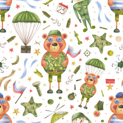 Obraz premium Cute characters in green military uniform, defender of the fatherland day, paratrooper and special forces for postcards, textiles and wrapping paper.