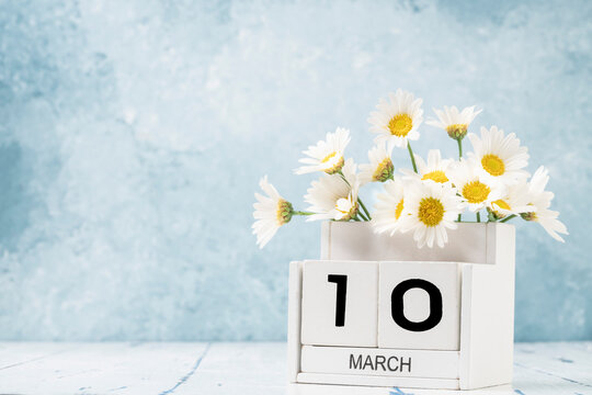 White cube calendar for march decorated with daisy flowers over blue with copy space