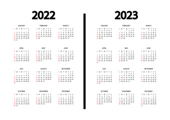 Calendar 2022, 2023 year. The week starts on Sunday. Annual calendar template. Yearly English calendar. Yearly organizer in minimal design. Portrait orientation