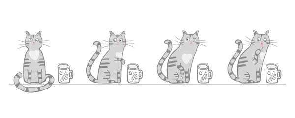 Fototapeta na wymiar Cute cat with a cup of coffee. Vector cartoon character, comic four cat tries coffee with paw. Hand drawn illustration for children, kids, baby. Design for fabric, textile, wrapping. Soft gray colors