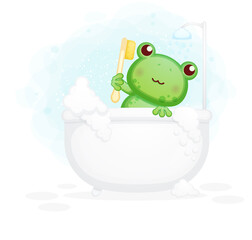 Cute frog lying in the bathtub cartoon illustration Premium Vector