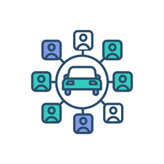 Fototapeta na wymiar Carsharing service RGB color icon. Short-term car rental. Access to on-site vehicles. Cost savings. Available vehicle finding. Sharing car with colleagues and friends. Isolated vector illustration