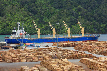 Industrial harbour with cargo ship and tree trunks