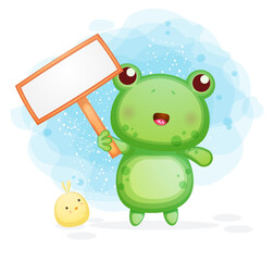 Cute little frog holding a blank text board Premium Vector