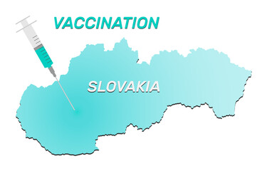 Vaccination of Slovakia. Coronavirus vaccine concept, syringe of vaccine and needle planting on Slovakia map. Vector illustration of a syringe with map and vaccine.