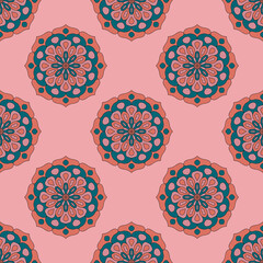 Abstract seamless pattern with mandala flower. Mosaic, tile, polka dot. Floral background.