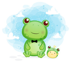 Happy cute frog with chicks having fun cartoon illustration