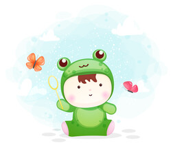 Cute baby boy in frog costume catching butterfly Premium Vector