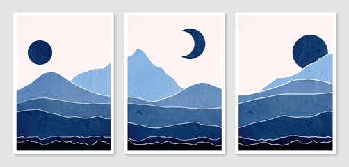 Kollektion moderner minimalistischer Kunstdruck. Abstrakte Berglandschaften mit zeitgenössischen ästhetischen Hintergründen. Kunstdesign für gerahmte Wanddrucke, Poster, Cover, Wohnkultur, Leinwanddrucke, Tapeten. © shendart