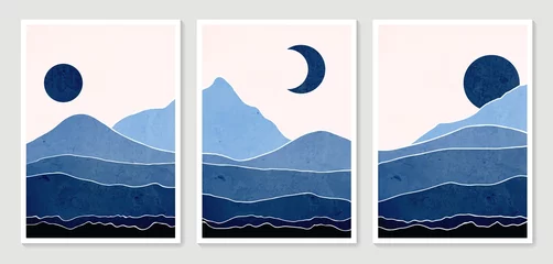Kollektion moderner minimalistischer Kunstdruck. Abstrakte Berglandschaften mit zeitgenössischen ästhetischen Hintergründen. Kunstdesign für gerahmte Wanddrucke, Poster, Cover, Wohnkultur, Leinwanddrucke, Tapeten. © shendart