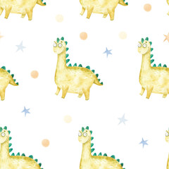seamless pattern with cute dinosaur green bright color, cute watercolor baby illustration