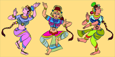 Kalamkari Indian traditional art on linen fabrics. Gopika or Lord's lady servants are drawn in different backgrounds. for textile printing, logo, wallpaper