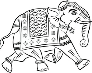 Elephant rendered in Pichwai style. Indian folk art. for a coloring book, textile/ fabric prints, phone case, greeting card. logo, calendar