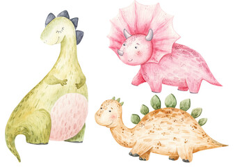 set of cute blue and green and pink dinosaur, cute watercolor baby illustration © Ilona