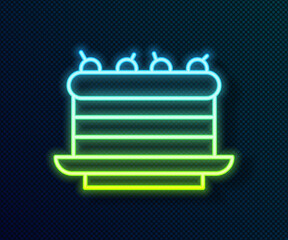 Glowing neon line Cake icon isolated on black background. Happy Birthday. Vector.