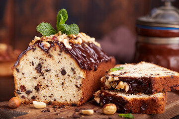 Pound cake with chocolate walnuts and hazelnuts. Delicious homemade dessert. 