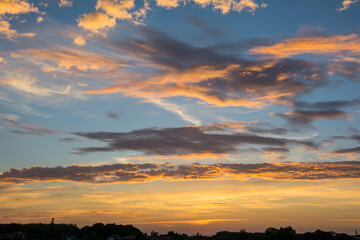 Dramatic Sky over a lake with clouds during sunset Tranquil scene at dusk in the natural park landscape.
