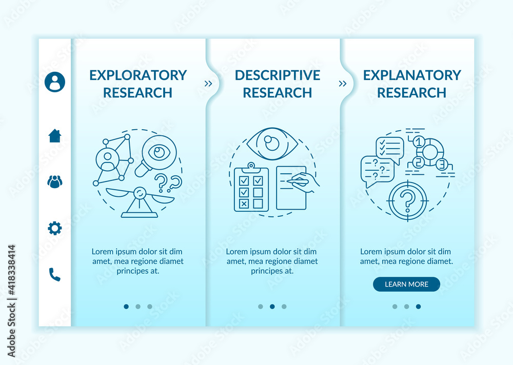 Poster types of scientific research onboarding vector template. science. responsive mobile website with ico