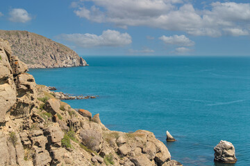 Cape Meganom, unique nature on a sunny summer day. Mountain landscape and the black sea.